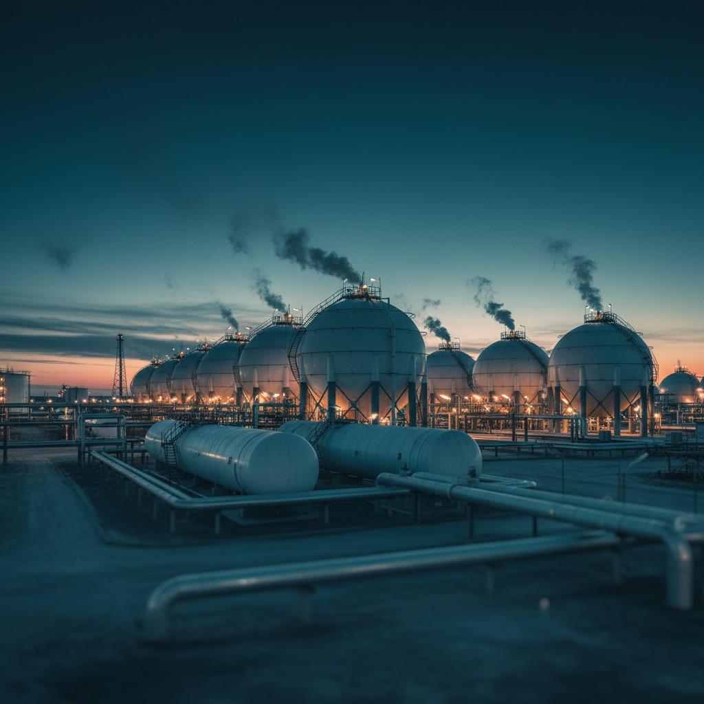 LPG storage terminal at dusk